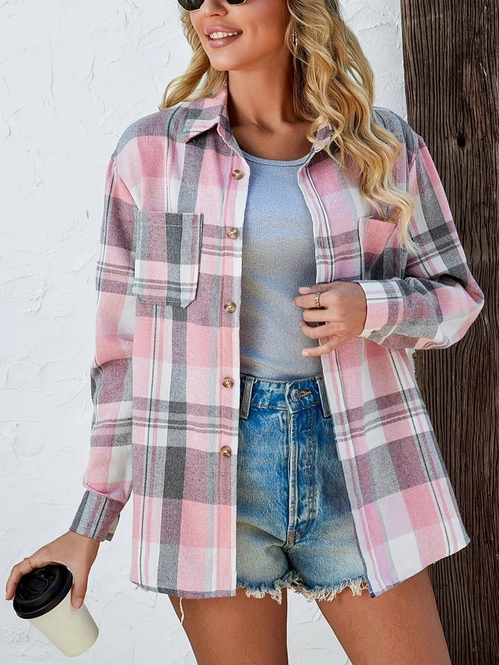 Damen Karierter Flanell Cardigan Oversized Langarm Hemdbluse