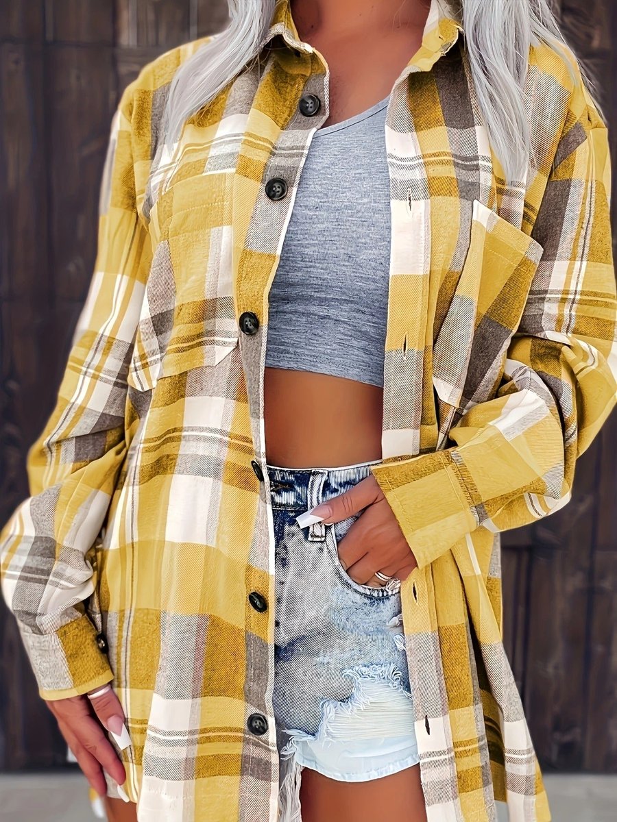 Damen Karierter Flanell Cardigan Oversized Langarm Hemdbluse - Gelb
