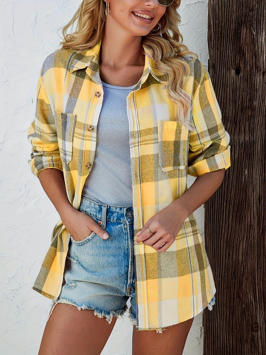 Damen Karierter Flanell Cardigan Oversized Langarm Hemdbluse