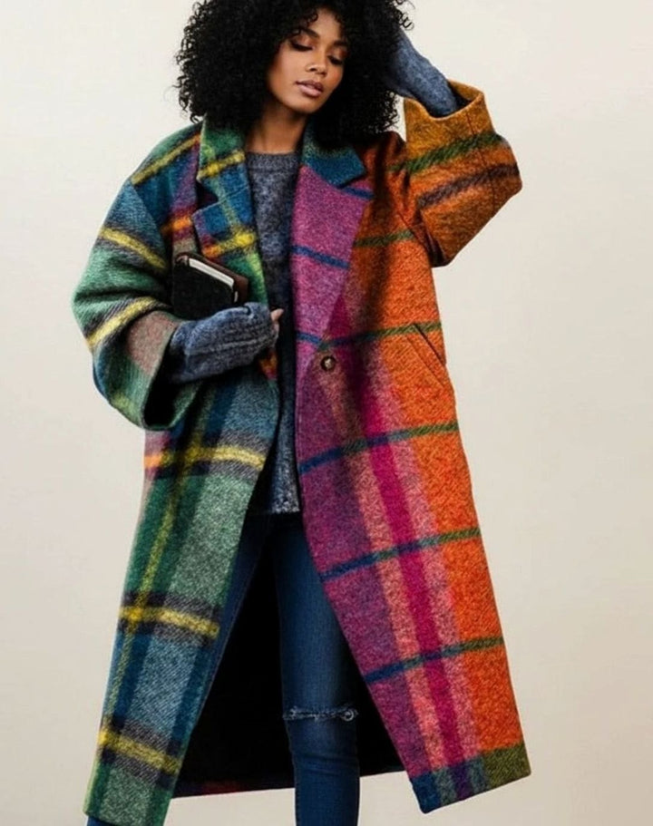 Damen Karierter Langer Oversized Wintermantel aus Wolle - Mehrfarbig