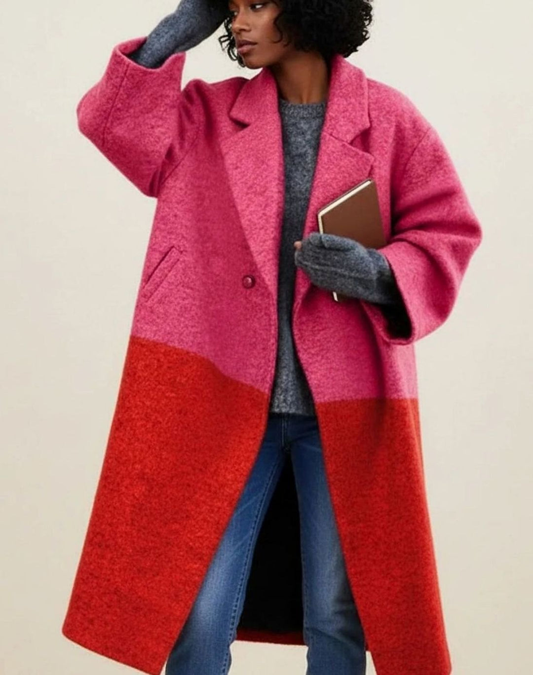 Damen Karierter Langer Oversized Wintermantel aus Wolle - Rosa-Rot
