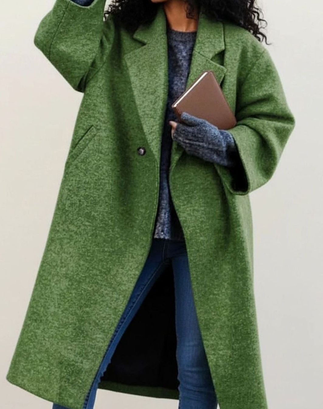 Damen Karierter Langer Oversized Wintermantel aus Wolle - Grün