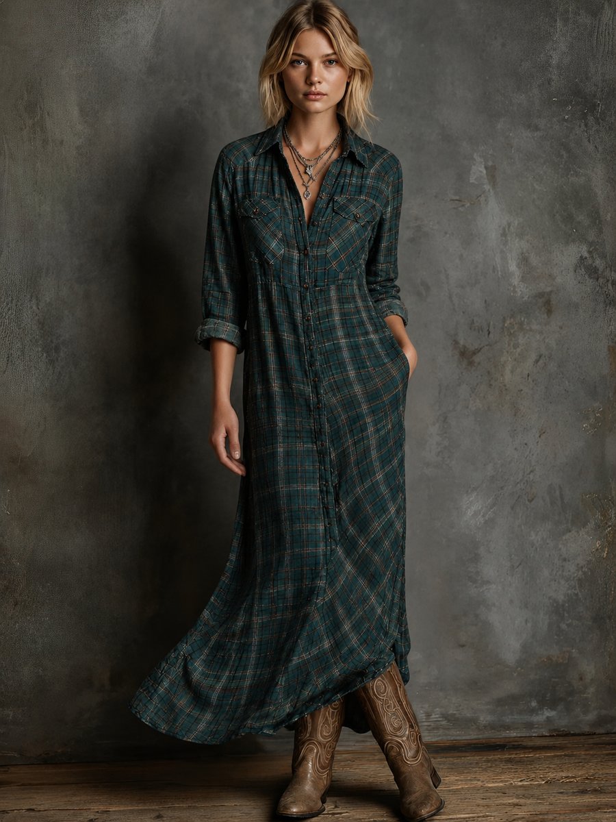 Damen Kariertes Maxi-Hemdkleid Langarm Formal Dresses Boho - Grün