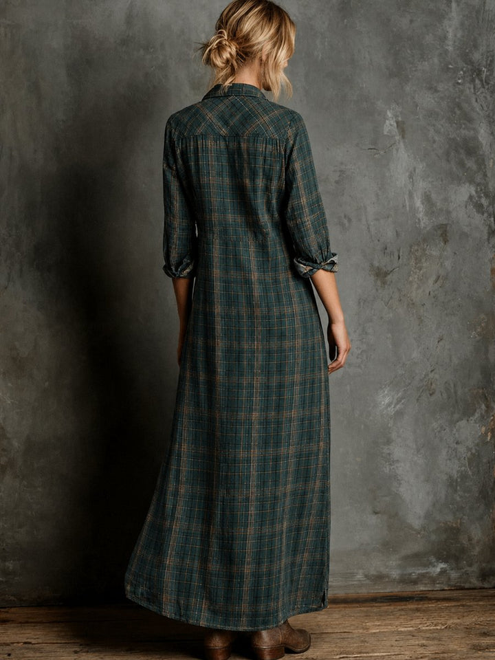 Damen Kariertes Maxi-Hemdkleid Langarm Formal Dresses Boho