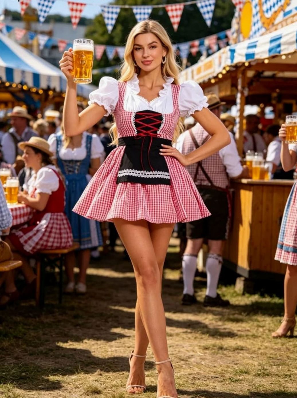 Damen Kariertes Oktoberfest Dirndl-Kleid mit Schürze und Puffärmel-Bluse - Rot kariert