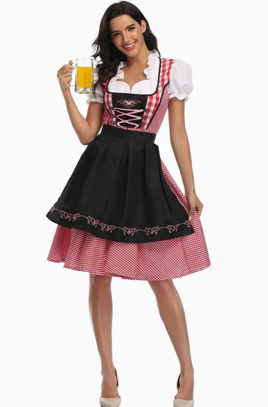 Damen Kariertes Oktoberfest Dirndl Trachtenkleid mit Schürze - Kariert Rot-Schwarz
