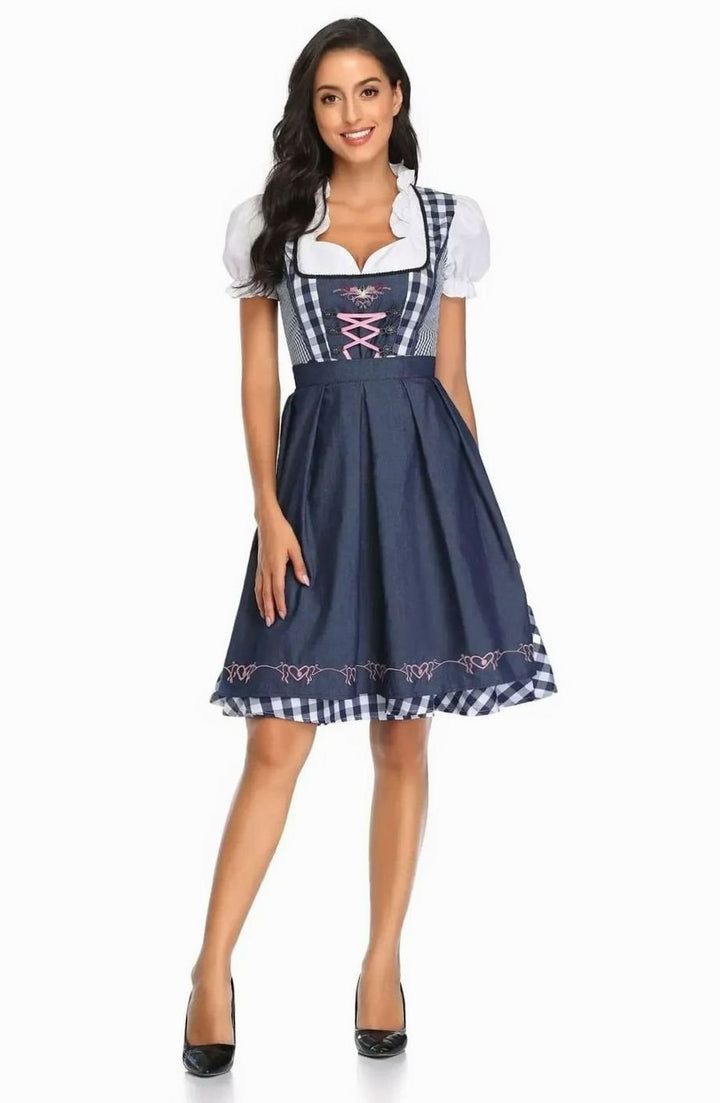 Damen Kariertes Oktoberfest Dirndl Trachtenkleid mit Schürze - Kariert Schwarz-Dunkelblau
