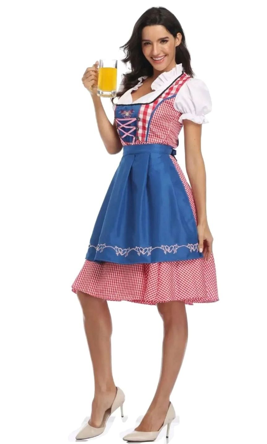 Damen Kariertes Oktoberfest Dirndl Trachtenkleid mit Schürze