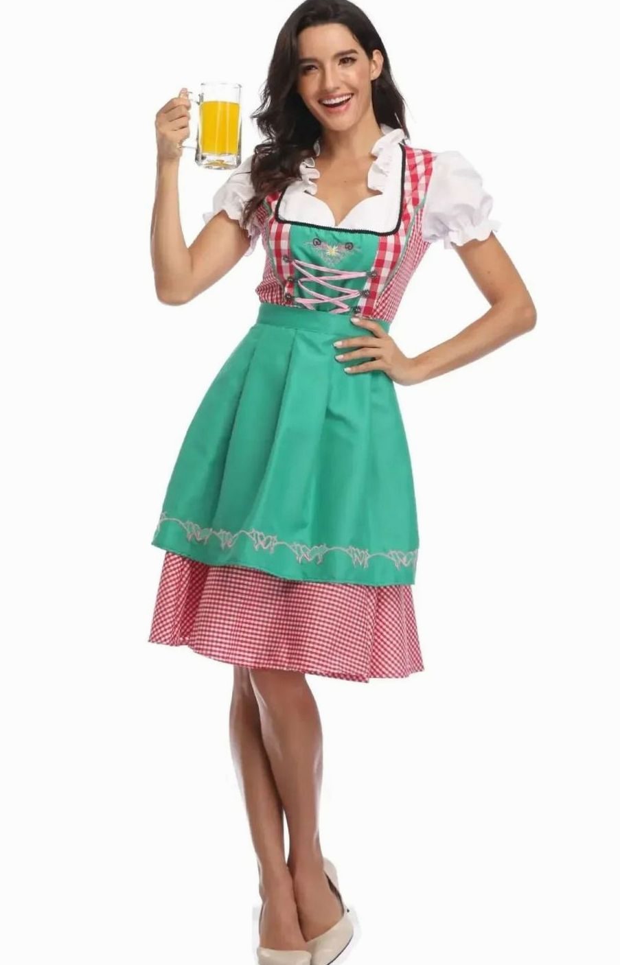 Damen Kariertes Oktoberfest Dirndl Trachtenkleid mit Schürze - Kariert Rot-Türkis