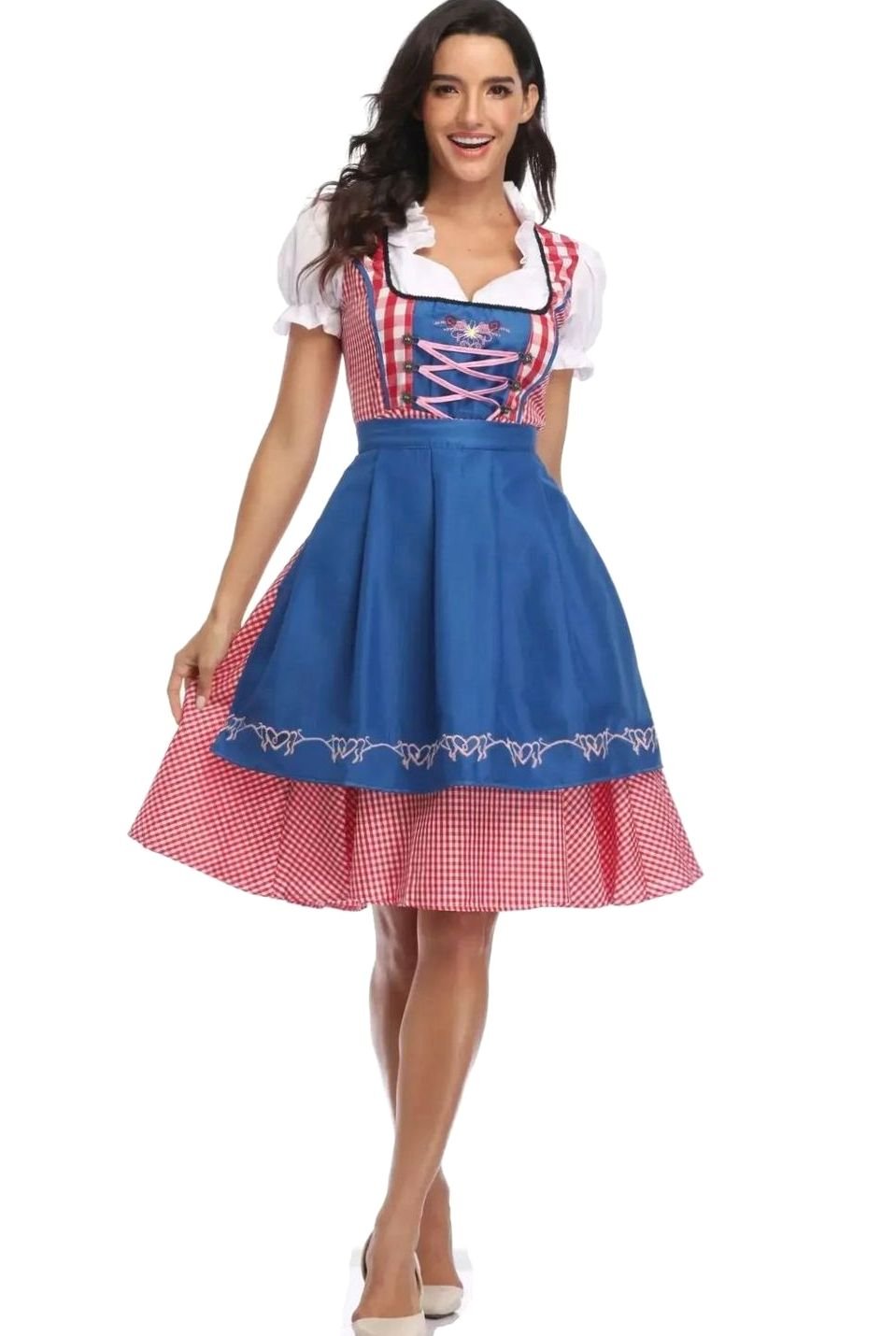 Damen Kariertes Oktoberfest Dirndl Trachtenkleid mit Schürze - Kariert Rot-Blau