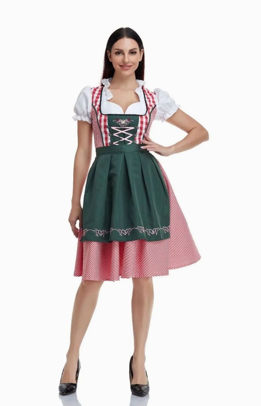 Damen Kariertes Oktoberfest Dirndl Trachtenkleid mit Schürze - Kariert Rot-Dunkelgrün