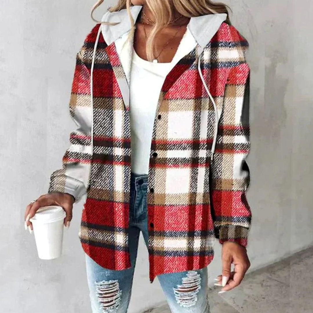 Damen Karo Hoodie Jacke mit Kapuze Lockere Passform Winterjacke - Rot