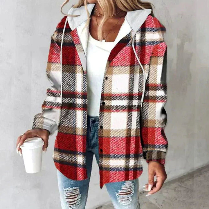 Damen Karo Hoodie Jacke mit Kapuze Lockere Passform Winterjacke - Rot