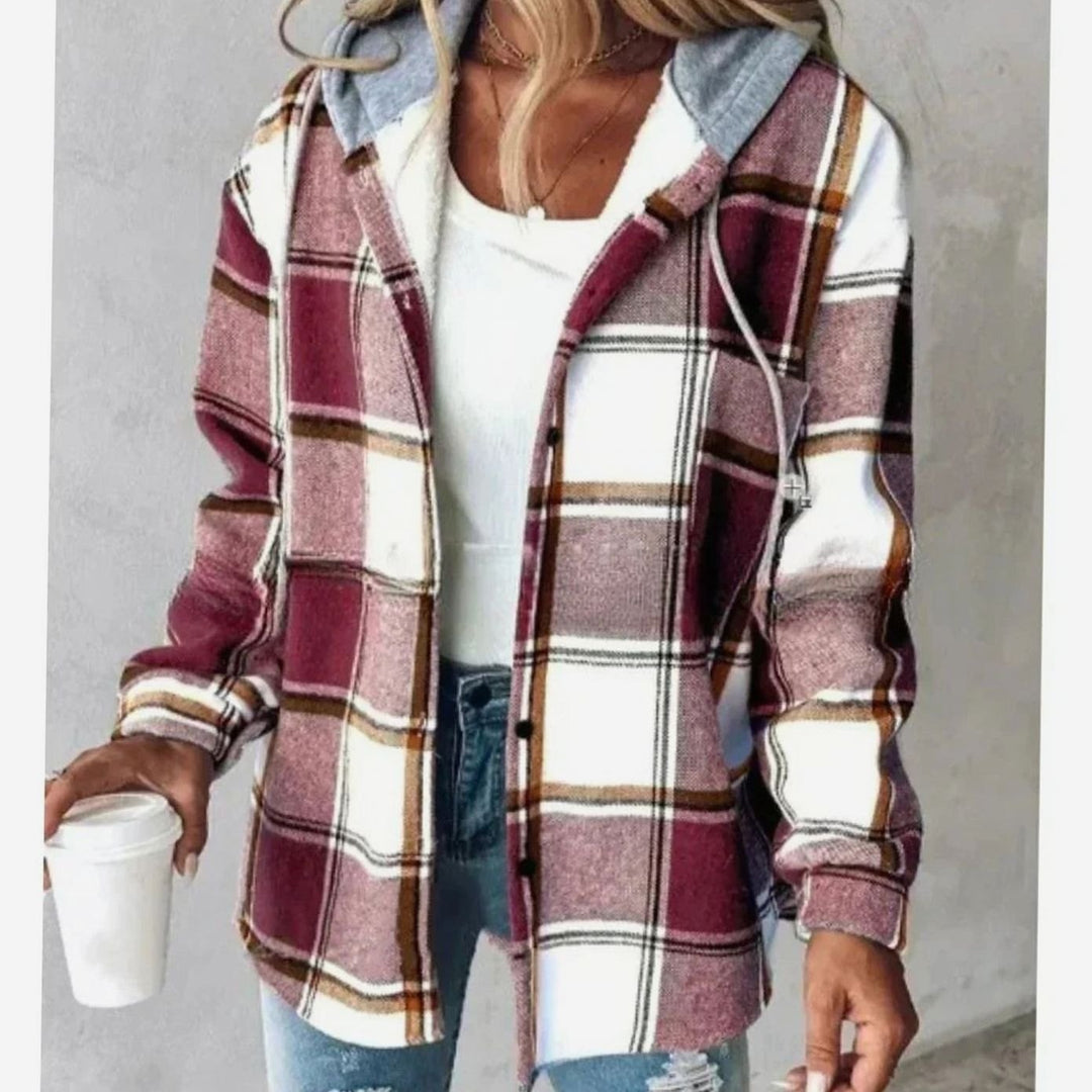 Damen Karo Hoodie Jacke mit Kapuze Lockere Passform Winterjacke - Dunkelrot