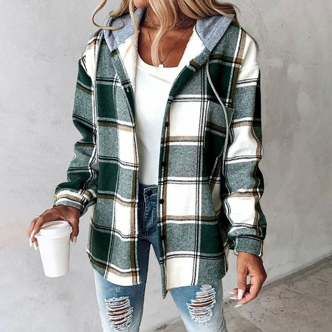 Damen Karo Hoodie Jacke mit Kapuze Lockere Passform Winterjacke