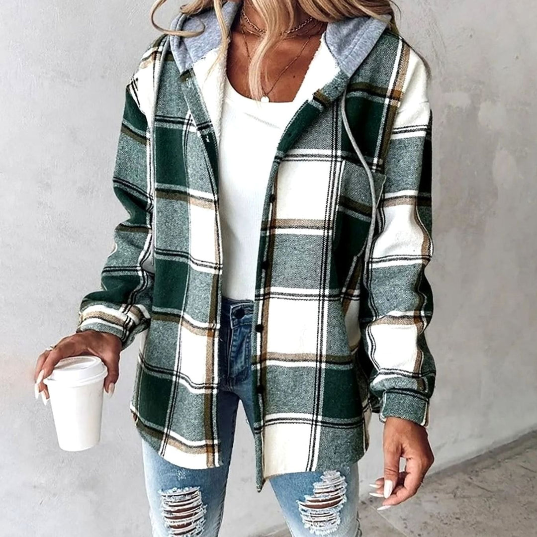 Damen Karo Hoodie Jacke mit Kapuze Lockere Passform Winterjacke - Grün