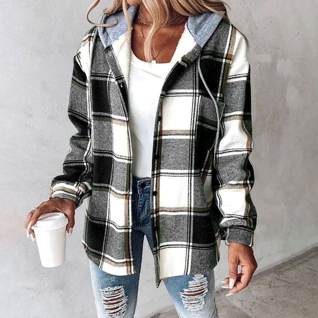 Damen Karo Hoodie Jacke mit Kapuze Lockere Passform Winterjacke - Schwarz