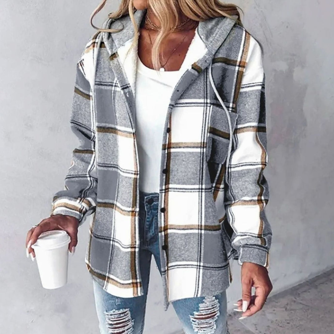Damen Karo Hoodie Jacke mit Kapuze Lockere Passform Winterjacke