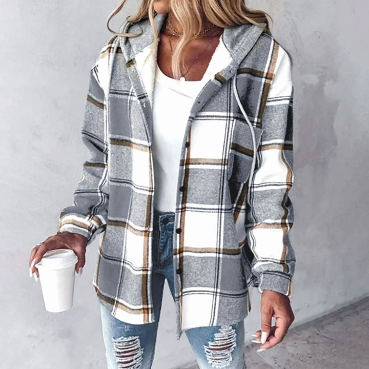 Damen Karo Hoodie Jacke mit Kapuze Lockere Passform Winterjacke - Grau