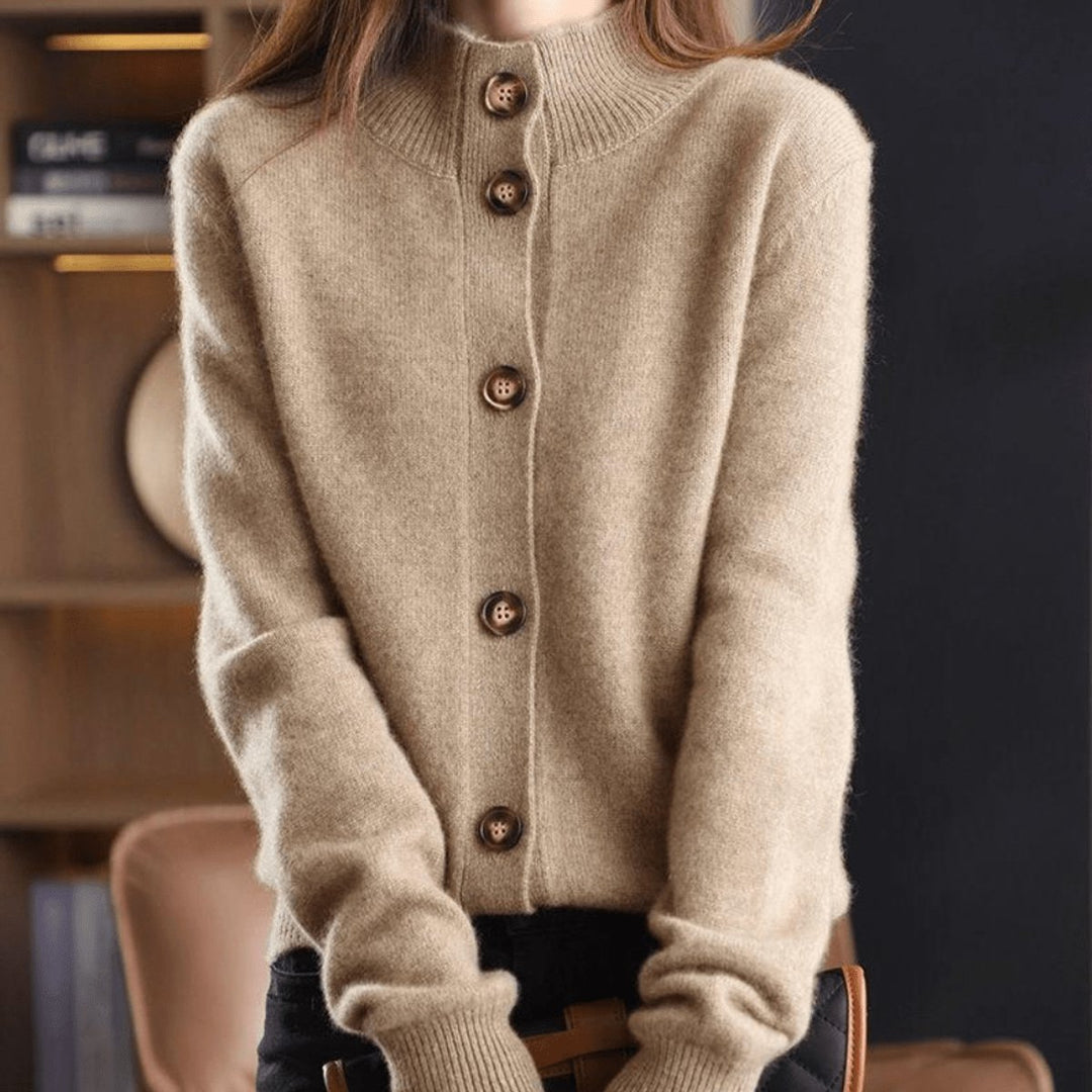 Damen Kaschmir Strickjacke Cardigan mit Knopfleiste Rundhals