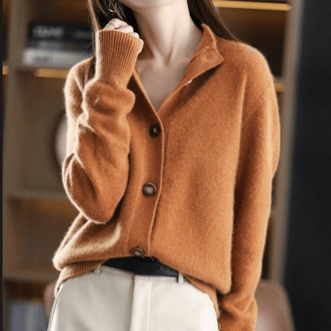Damen Kaschmir Strickjacke Cardigan mit Knopfleiste Rundhals