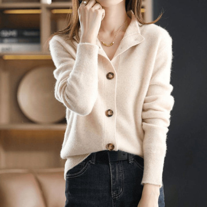 Damen Kaschmir Strickjacke Cardigan mit Knopfleiste Rundhals - Beige