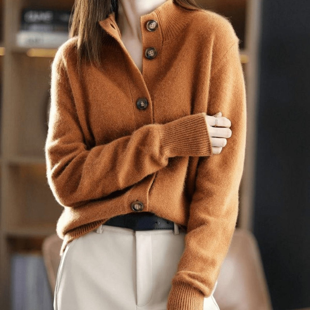 Damen Kaschmir Strickjacke Cardigan mit Knopfleiste Rundhals - Orange