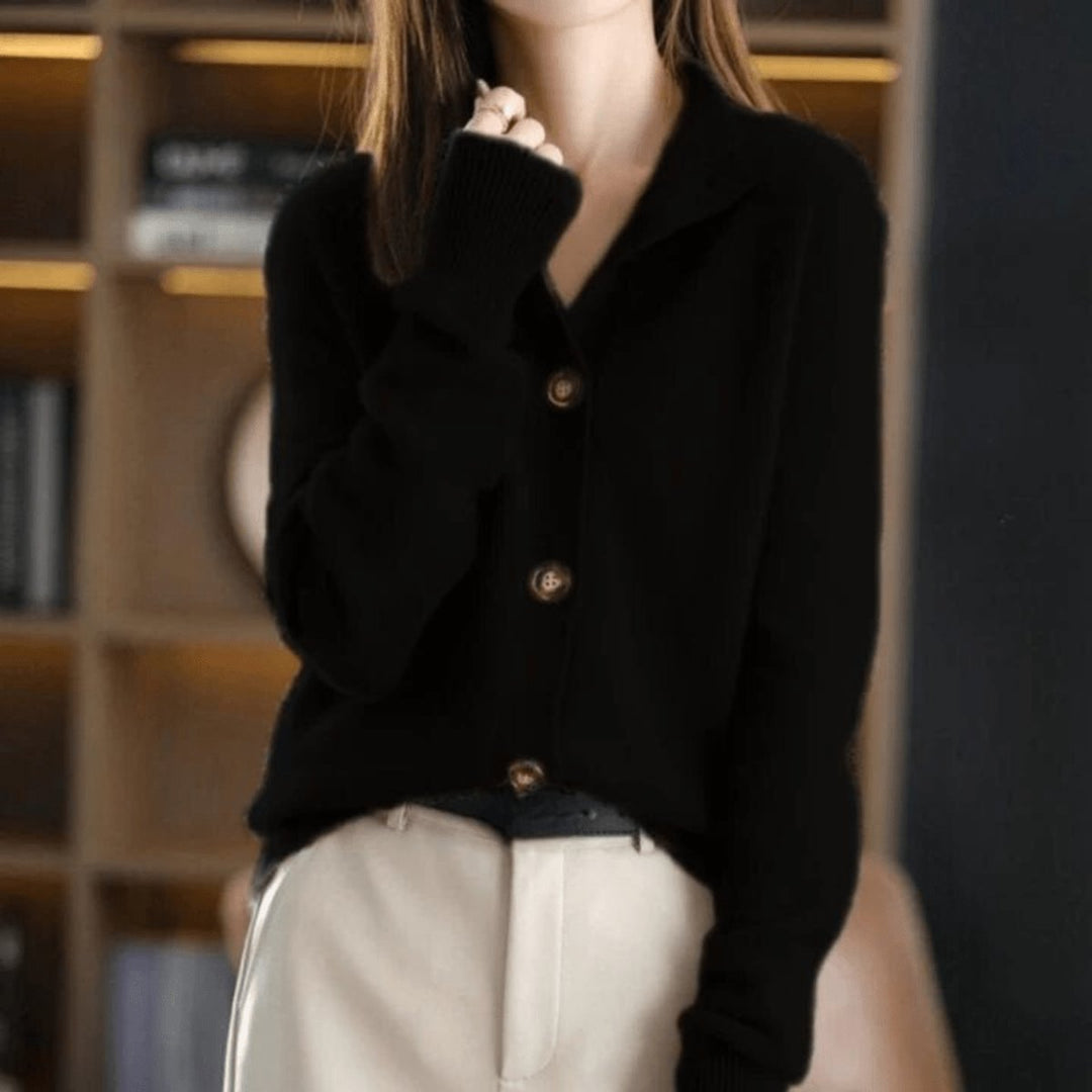 Damen Kaschmir Strickjacke Cardigan mit Knopfleiste Rundhals - Schwarz