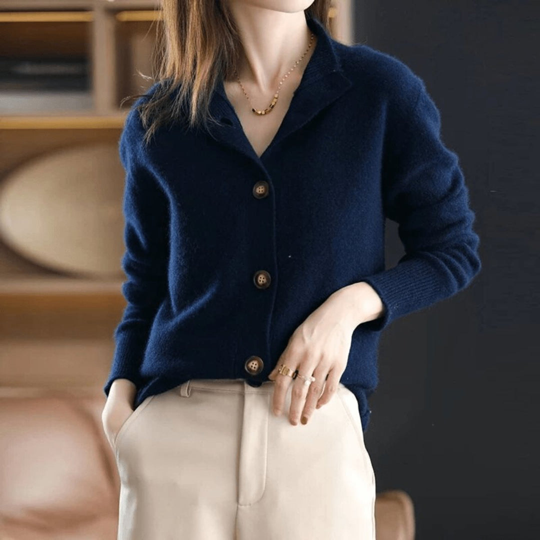 Damen Kaschmir Strickjacke Cardigan mit Knopfleiste Rundhals - Dunkelblau
