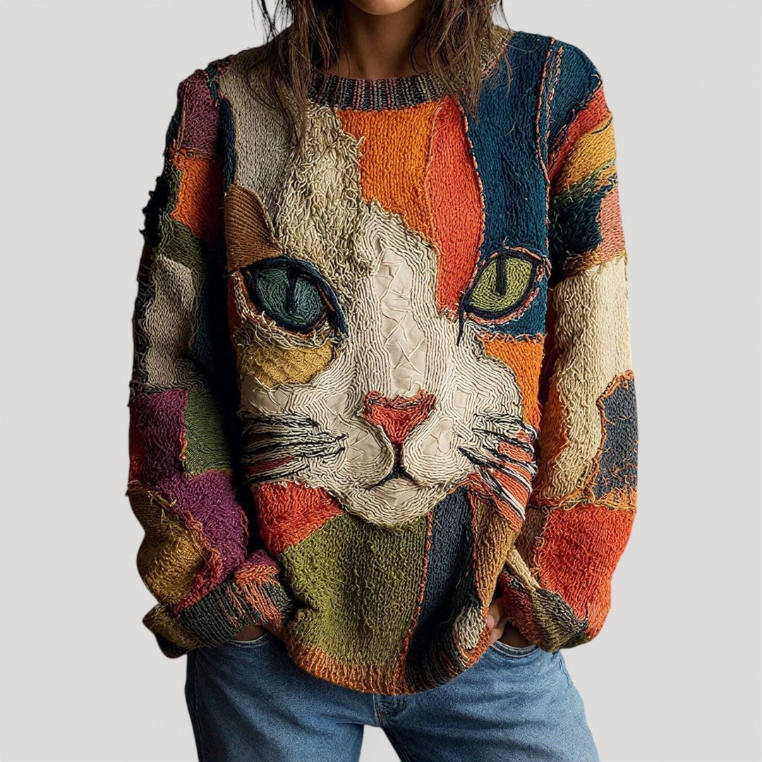Damen Katzen-Motiv Bunter Knit Sweater Strukturierter Strickpullover - Mehrfarbig