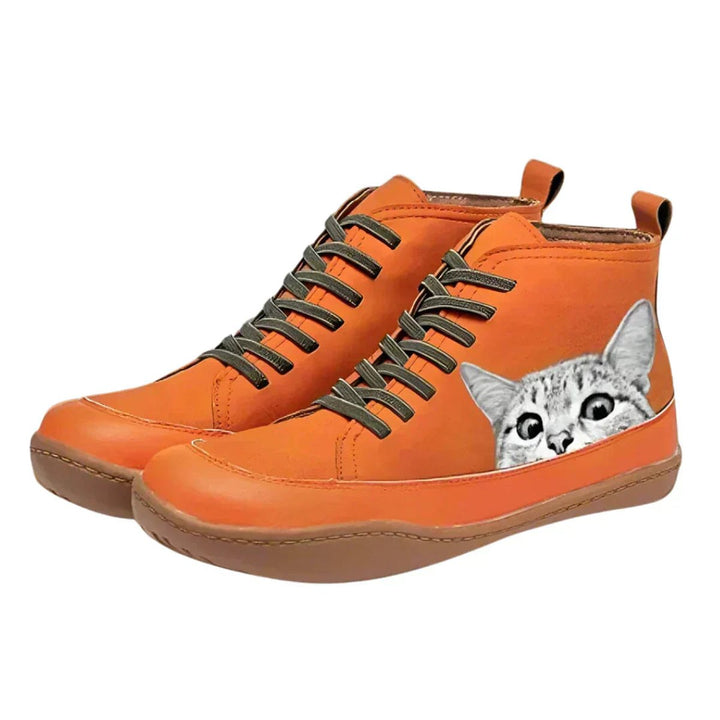 Damen Katzenmotiv Schnür-Ankle Boots Leder-Stiefeletten - Orange