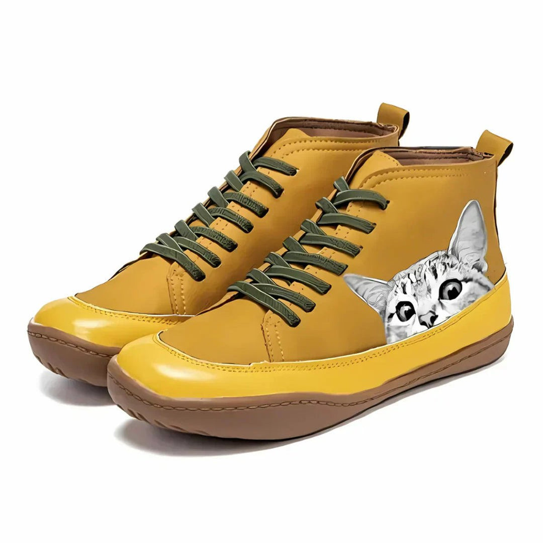 Damen Katzenmotiv Schnür-Ankle Boots Leder-Stiefeletten - Gelb