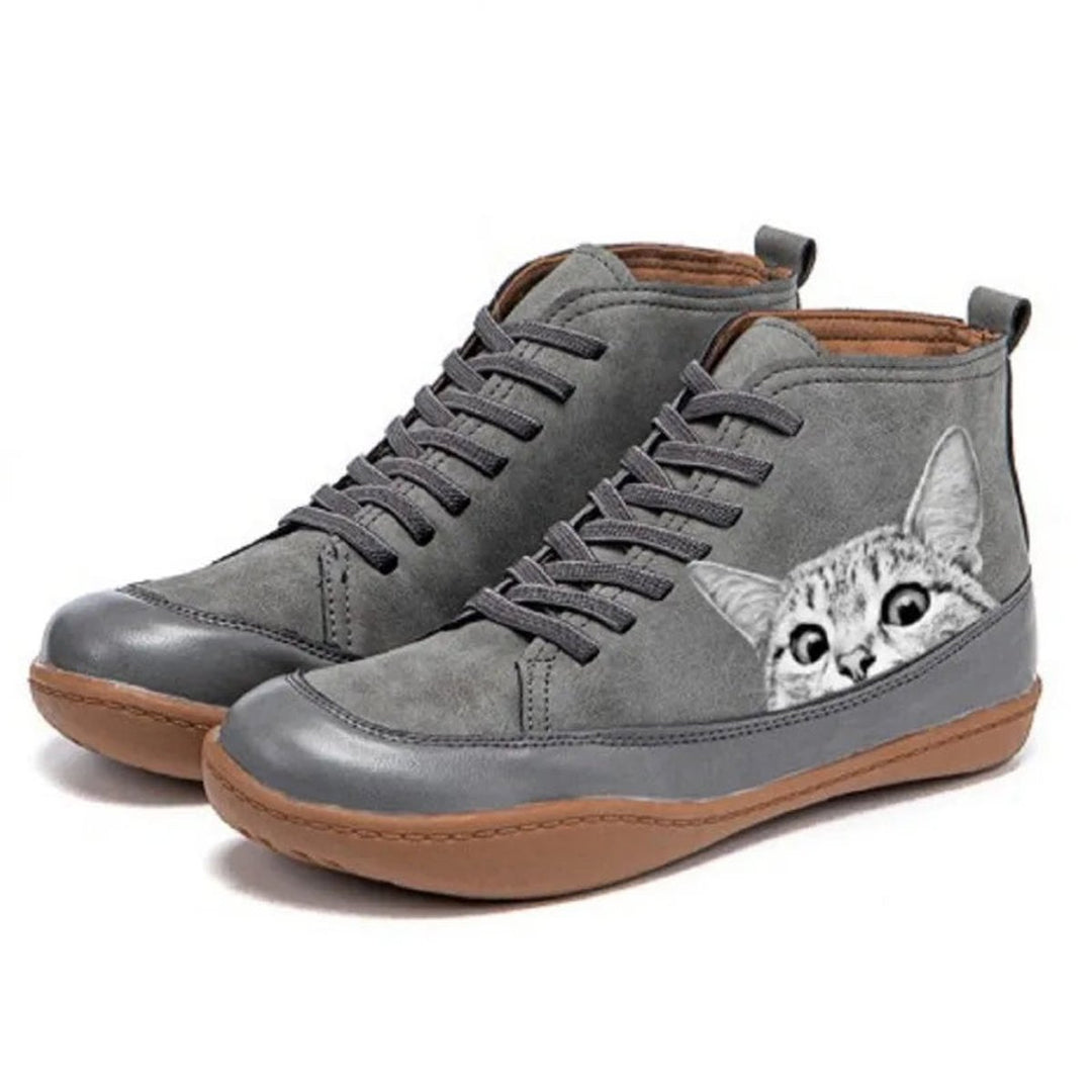 Damen Katzenmotiv Schnür-Ankle Boots Leder-Stiefeletten - Grau