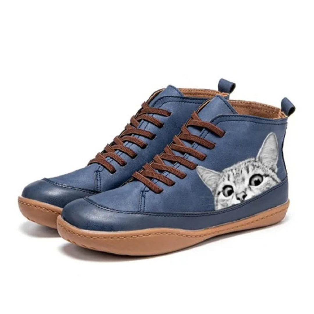 Damen Katzenmotiv Schnür-Ankle Boots Leder-Stiefeletten - Blau