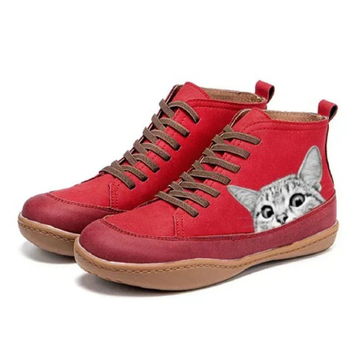 Damen Katzenmotiv Schnür-Ankle Boots Leder-Stiefeletten - Rot