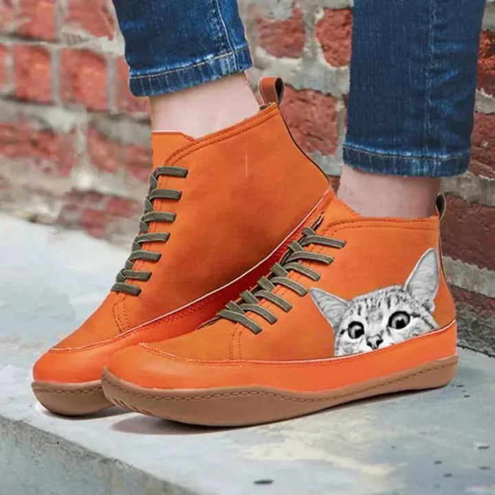 Damen Katzenmotiv Schnür-Ankle Boots Leder-Stiefeletten