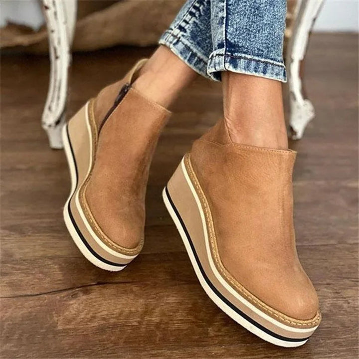 Damen Keilabsatz Ankle Boots Kurzstiefel Reißverschluss Plateau - Beige