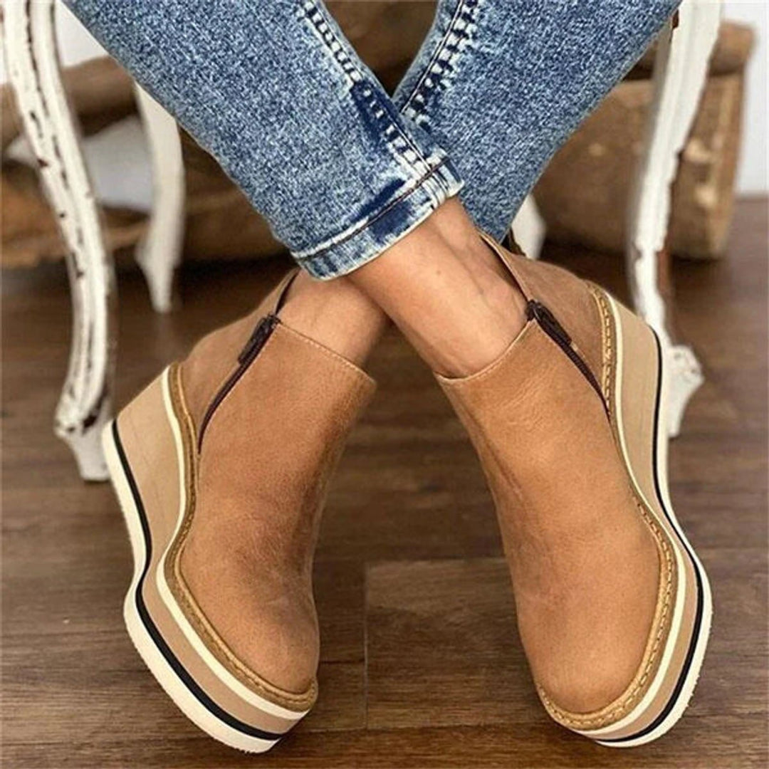 Damen Keilabsatz Ankle Boots Kurzstiefel Reißverschluss Plateau