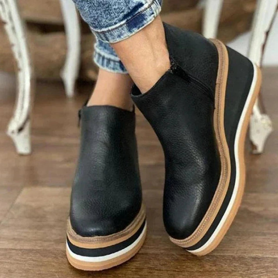 Damen Keilabsatz Ankle Boots Kurzstiefel Reißverschluss Plateau - Schwarz