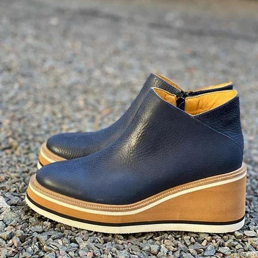 Damen Keilabsatz Ankle Boots Kurzstiefel Reißverschluss Plateau - Dunkelblau