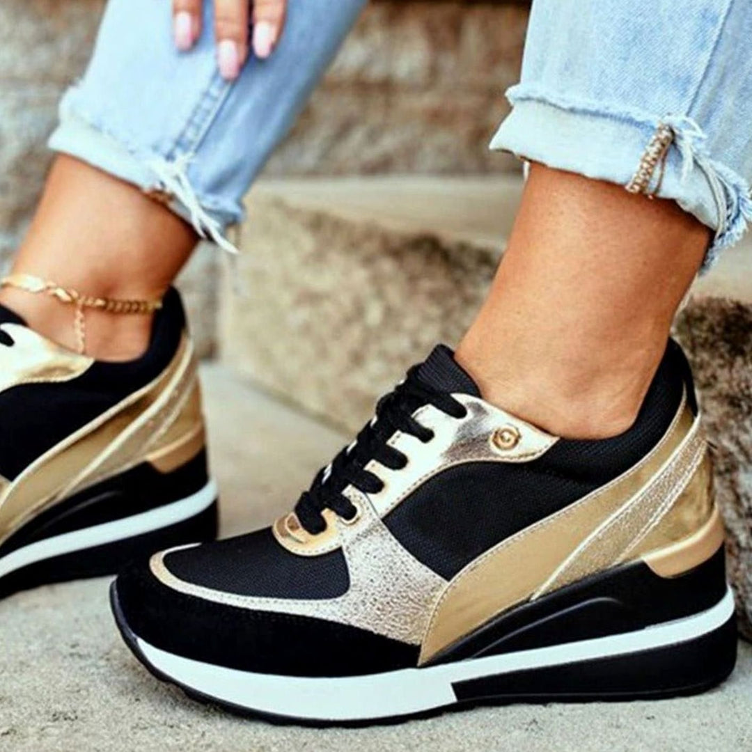 Damen Keilabsatz-Sneaker Schnürer Metallic-Detail Streetwear