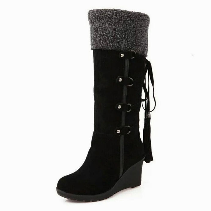 Damen Keilabsatz-Winterstiefel mit Fellumschlag und Schnürung - Schwarz