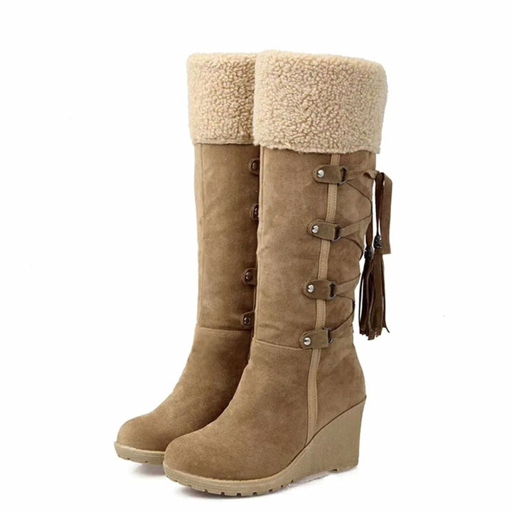 Damen Keilabsatz-Winterstiefel mit Fellumschlag und Schnürung - Braun
