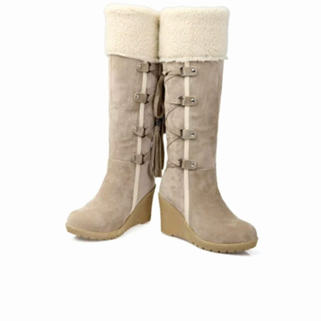 Damen Keilabsatz-Winterstiefel mit Fellumschlag und Schnürung