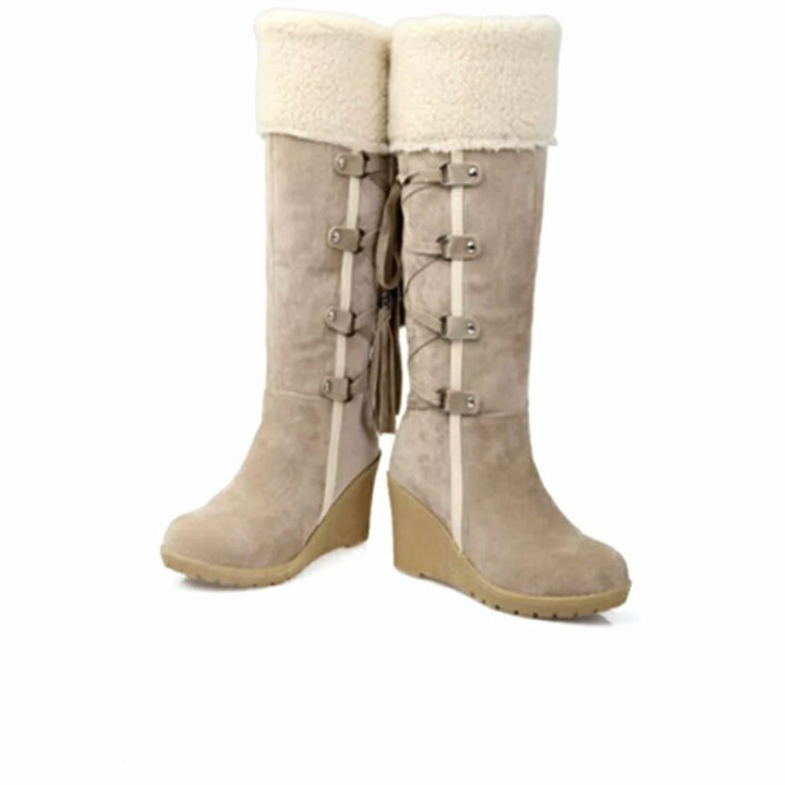 Damen Keilabsatz-Winterstiefel mit Fellumschlag und Schnürung