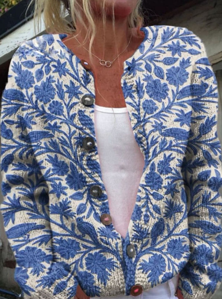 Damen Klassische Geknöpfte Strickjacke mit Blumenmuster - Blau