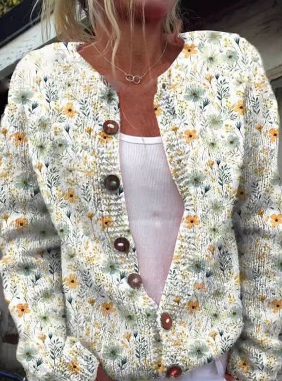 Damen Klassische Geknöpfte Strickjacke mit Blumenmuster - Weiß
