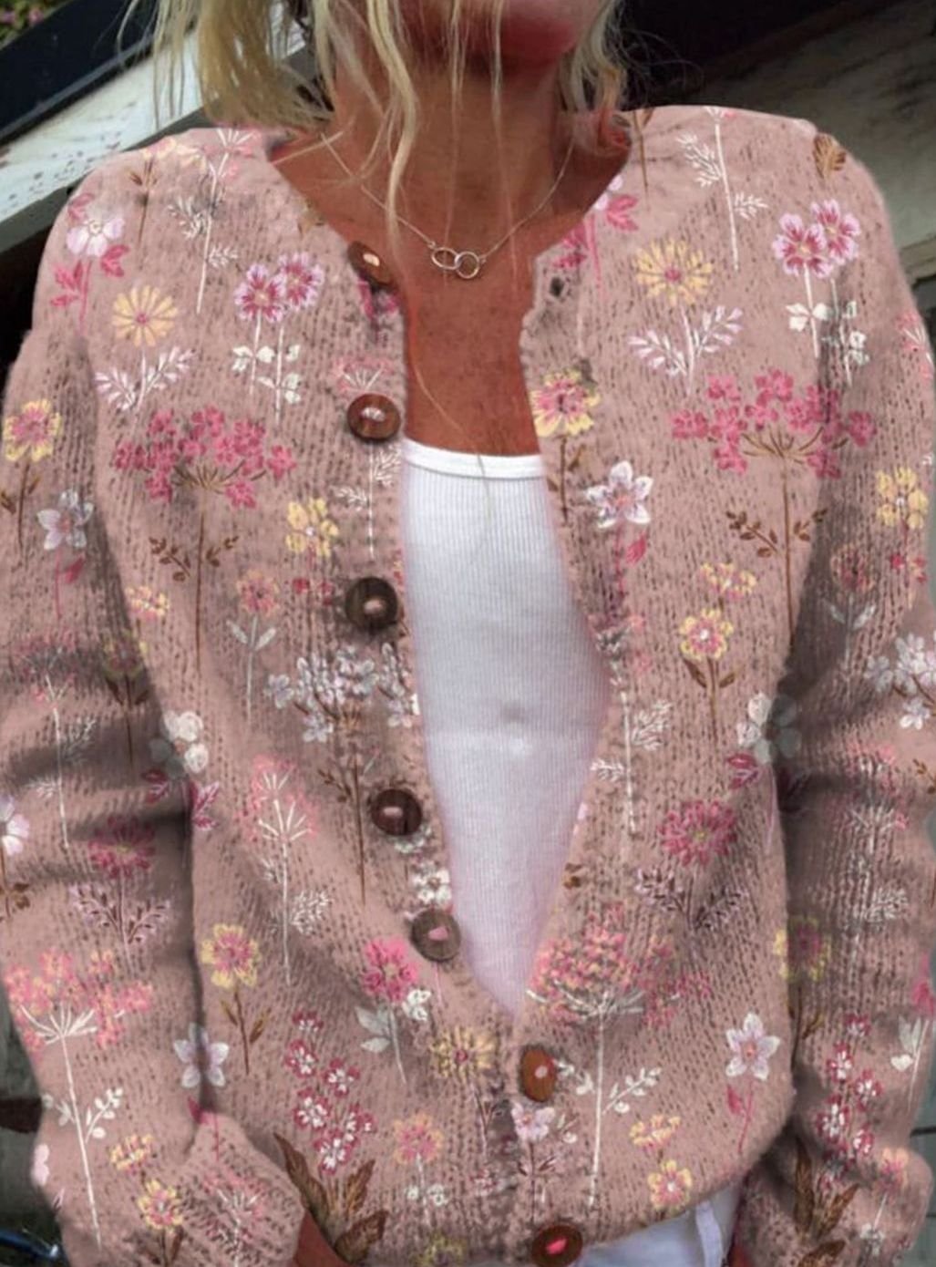 Damen Klassische Geknöpfte Strickjacke mit Blumenmuster - Rosa