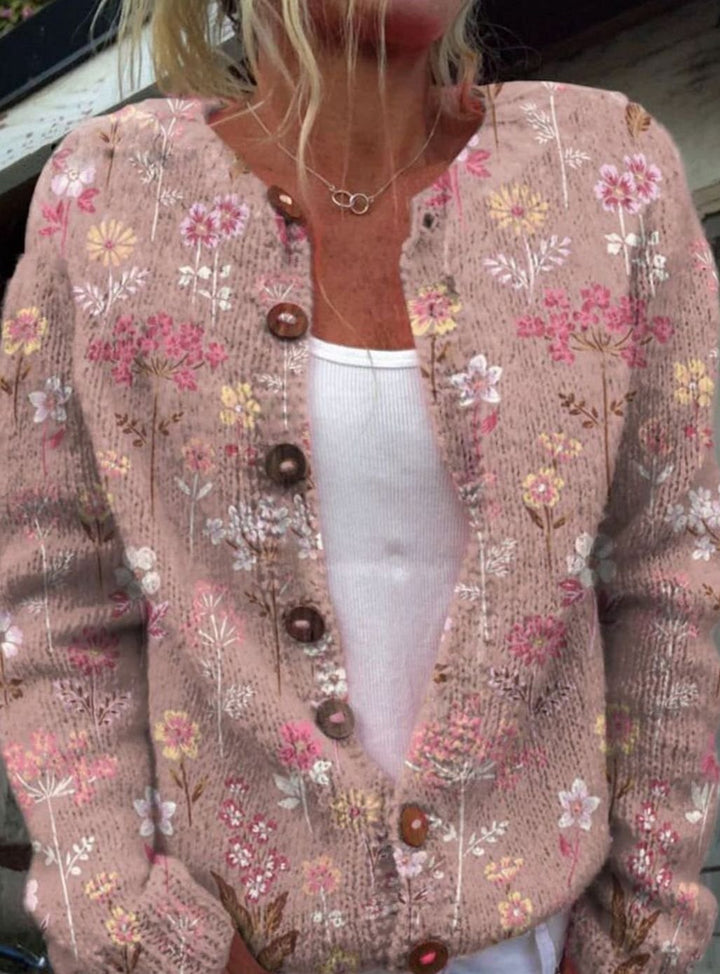 Damen Klassische Geknöpfte Strickjacke mit Blumenmuster - Rosa