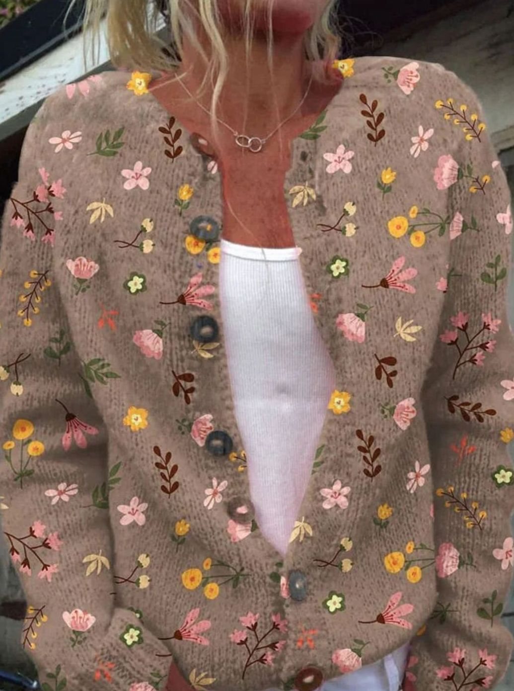 Damen Klassische Geknöpfte Strickjacke mit Blumenmuster - Braun